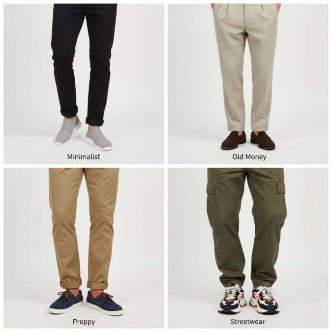 four men’s outfits showing minimalist knit sneakers suede loafers preppy boat shoes and cushioned sneakers for streetwear