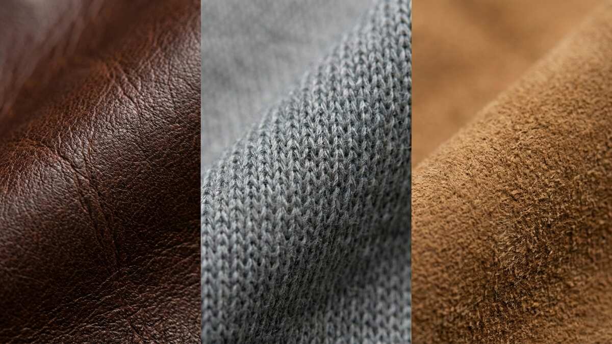 Texture close-up comparing men’s shoe materials: brown leather for durability, grey knit for breathability, and tan suede for style.