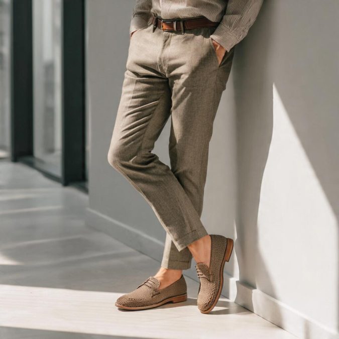 man in office wearing minimalist knit derby shoes with slim trousers showing comfortable office work shoes for men