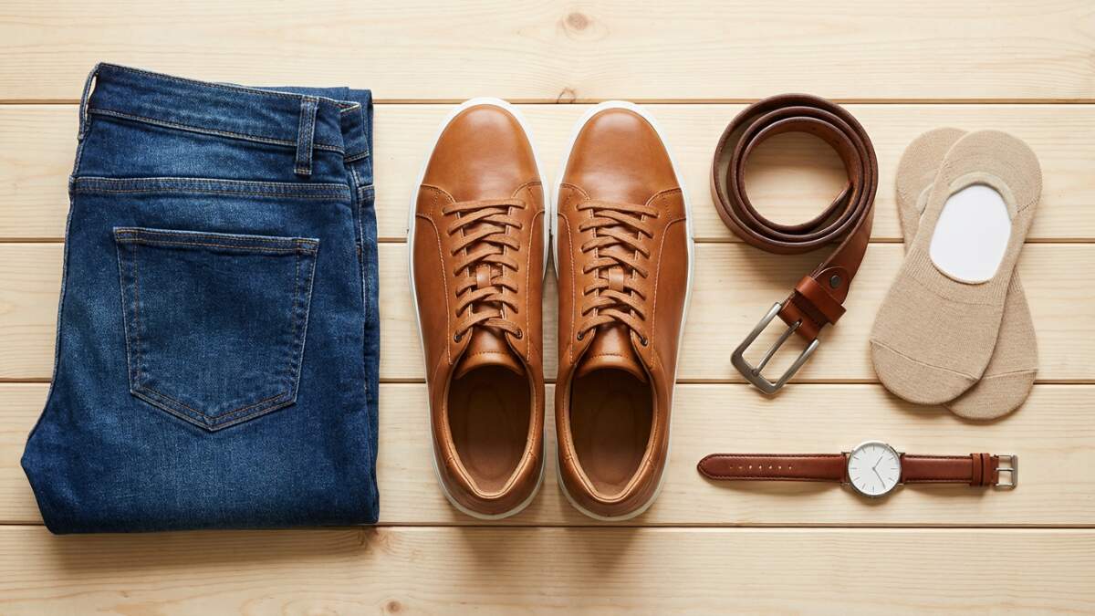 Men’s outfit flat lay featuring dark jeans, brown leather casual sneakers, and accessories for a smart casual look.