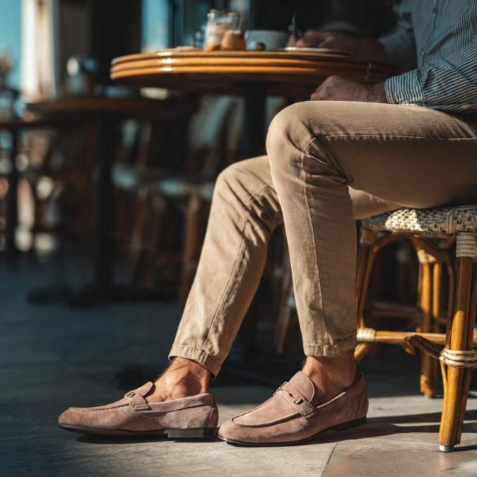 man in chinos wearing suede loafers for smart casual weekend look
