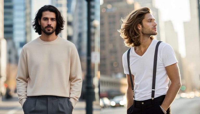 Long haircuts for men 2026 — shoulder-length wavy hair with natural texture in soft urban daylight