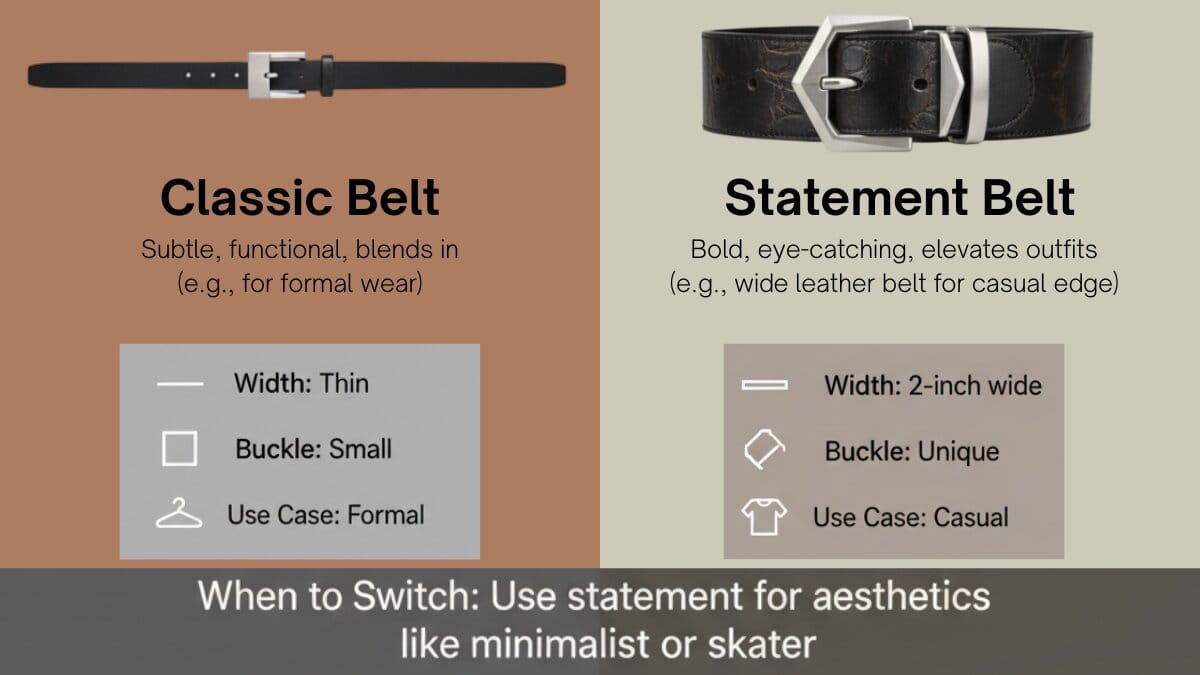 Comparison infographic of a classic belt and a statement belt, showing differences in width, buckle style, and best use for formal vs. casual outfits.