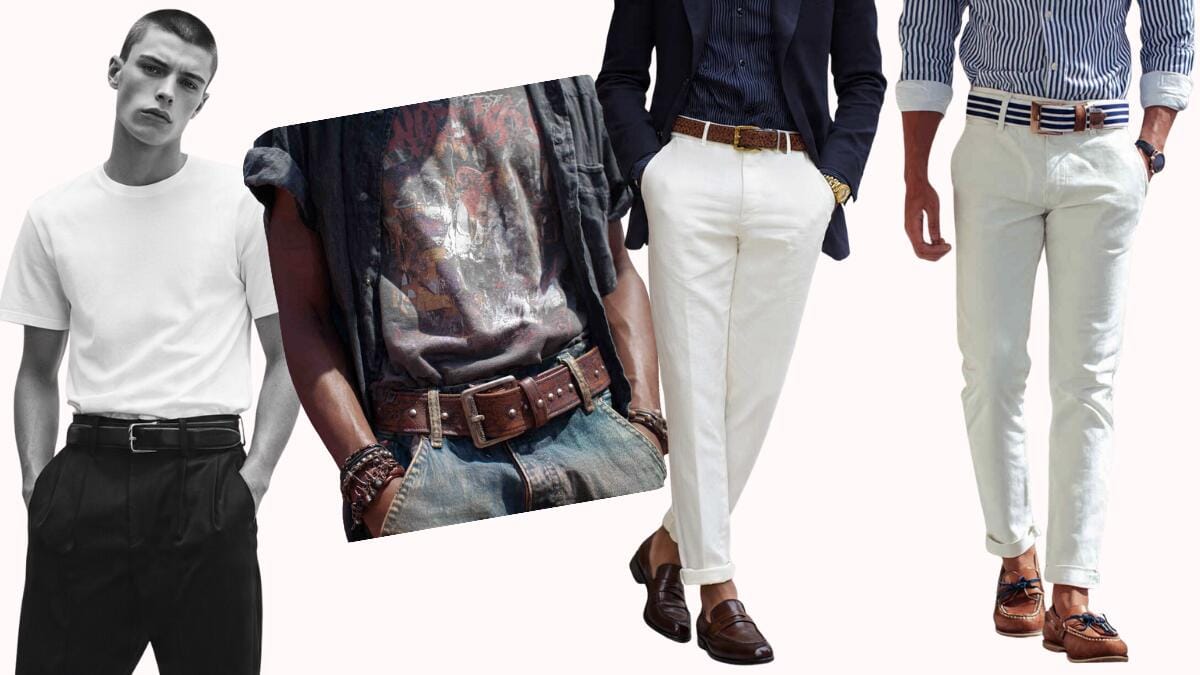 Statement belt styles for minimalist, skater, old money, and preppy men’s fashion aesthetics shown side by side.
