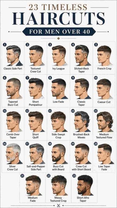 Infographic showing 23 timeless haircuts for men over 40.