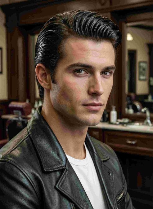 Man with a glossy slicked-back greaser hairstyle and a black leather jacket.