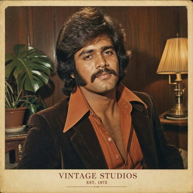 Man with voluminous 70s hair, thick sideburns, and a full mustache in a vintage interior.