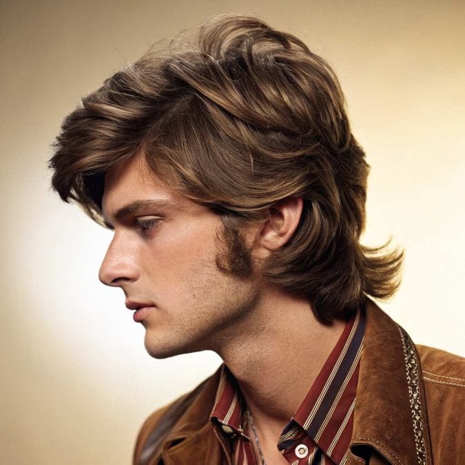 Man with voluminous medium-length 70s hair, feathered layers, and defined sideburns.