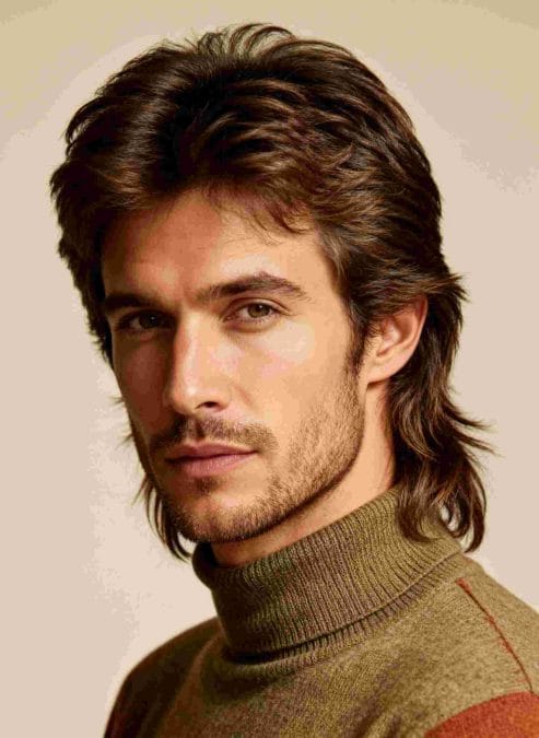 Man with a softly blended 70s mullet featuring shorter top layers and longer hair at the back.