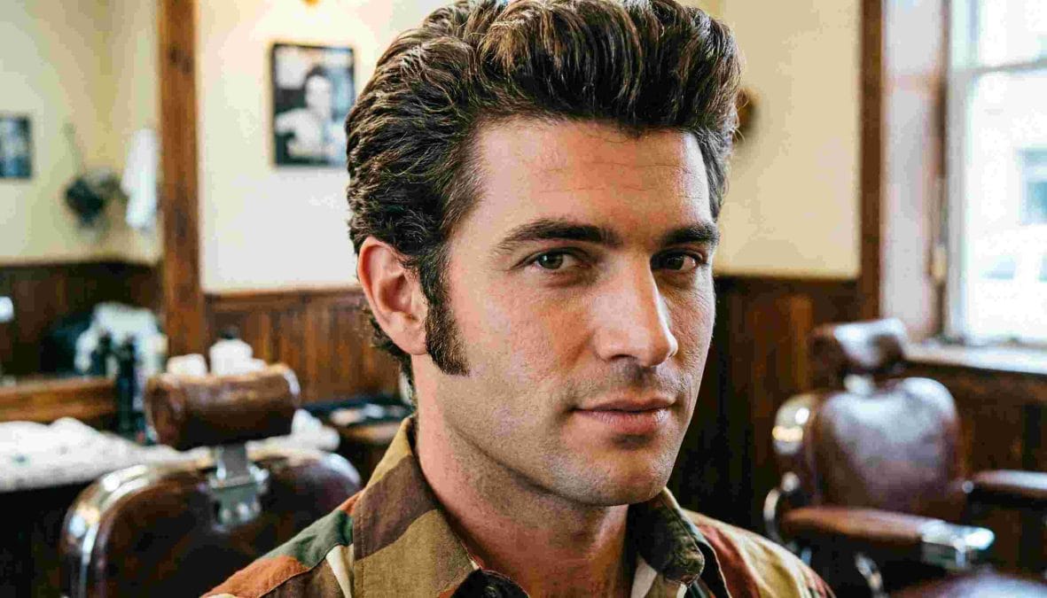 Man with a voluminous 70s pompadour, brushed-back hair, and defined sideburns.
