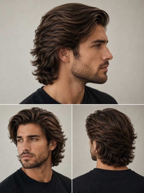 Bro flow hairstyle for men with layered waves, natural movement, and medium-length hair brushed away from the face.