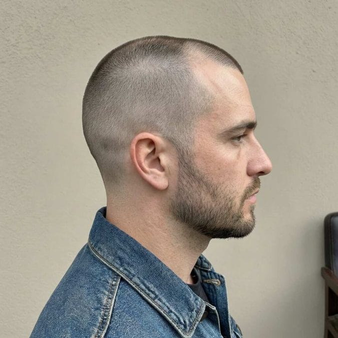 Man with a very short burr cut and even clipper length across a thinning scalp.