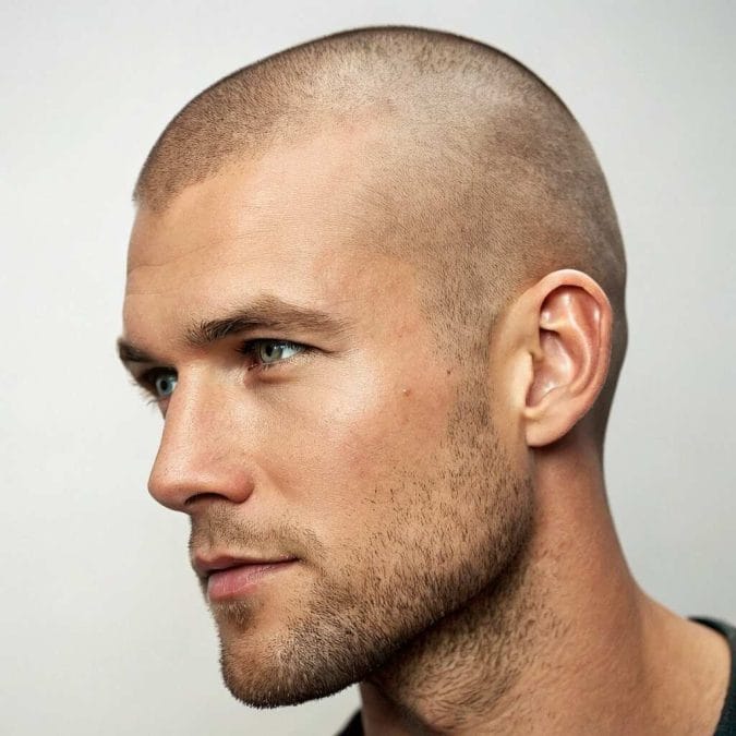 Man with a short buzz cut and even coverage across a mildly receding hairline.