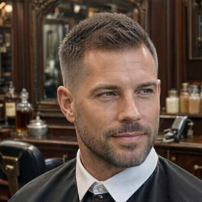 Man with a classic crew cut, tapered sides, and slightly longer hair across the front.