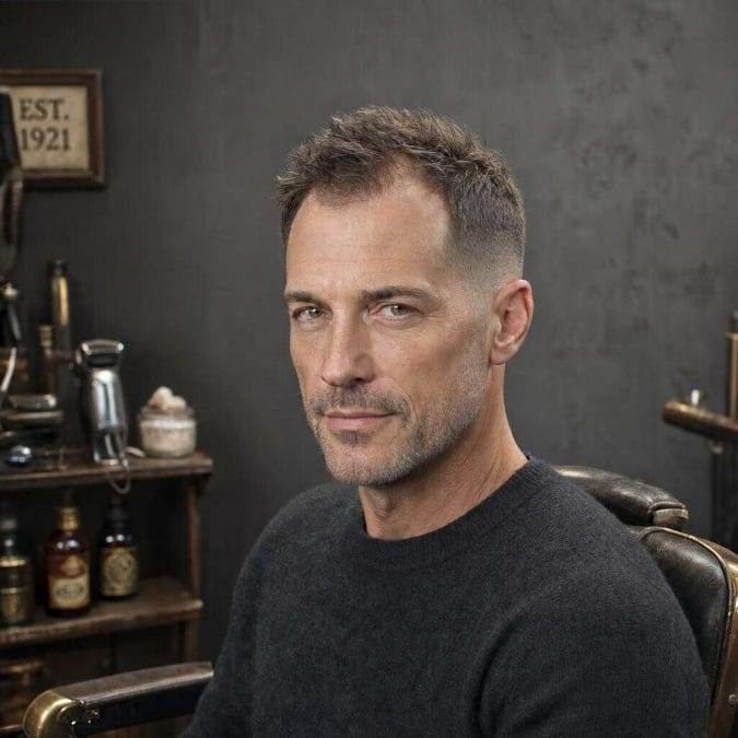 Mature man with a classic taper, short textured top, and subtle recession at the temples.