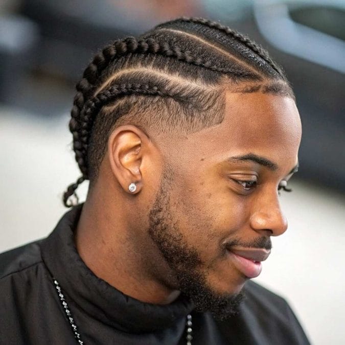 Cornrows with faded sides creating a sharp and structured hairstyle for Black men.