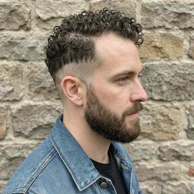 Man with a short curly crop, faded sides, and compact curls that create natural volume on top.