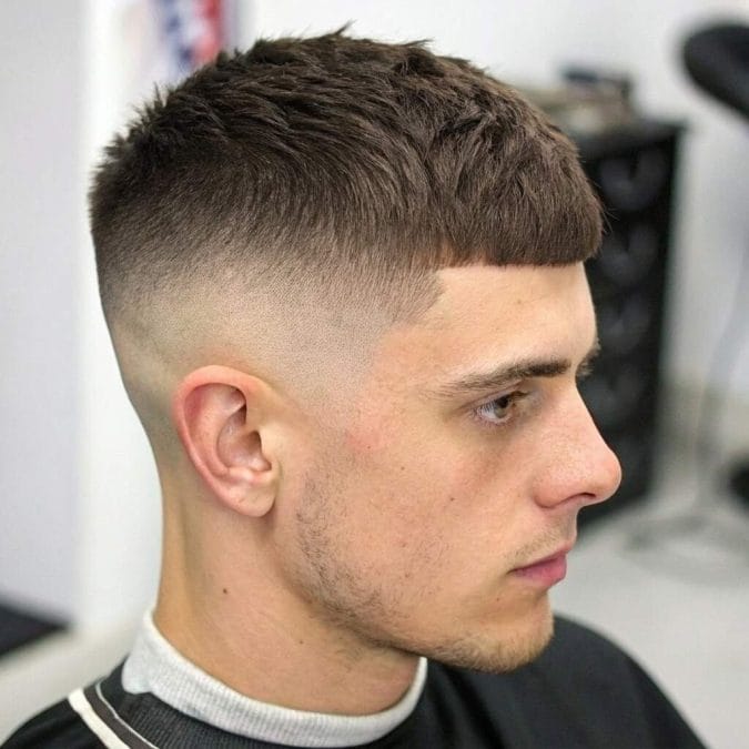 Man with a French crop, textured forward fringe, and short faded sides.