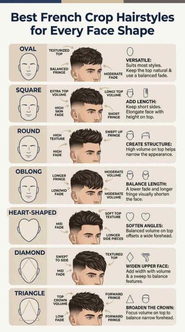 Infographic on every face shape for French crop hairstyle.