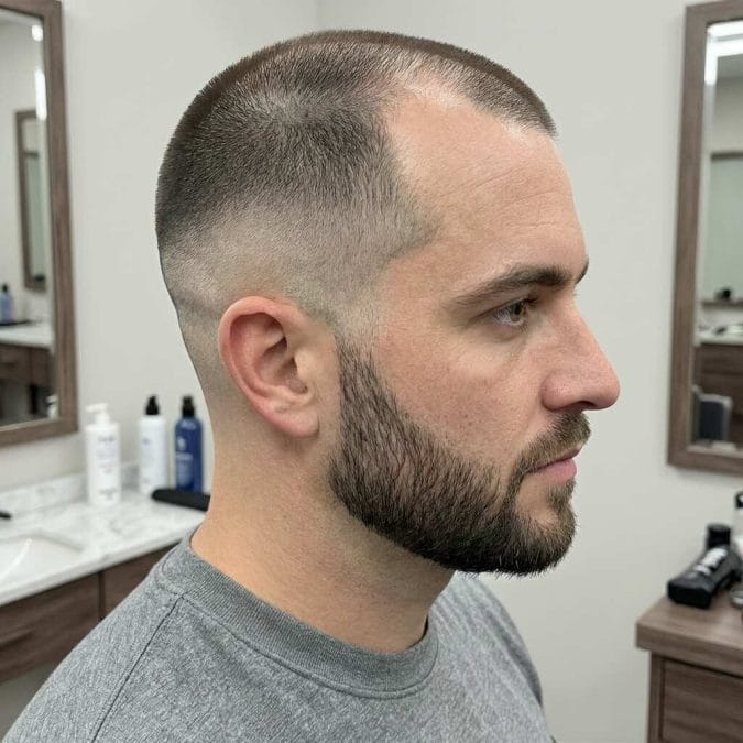 Man with a high and tight haircut, very short sides, and evenly clipped hair across a thinning top.