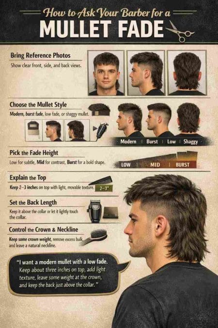 Infographic on How to ask your barber for a mullet fade.