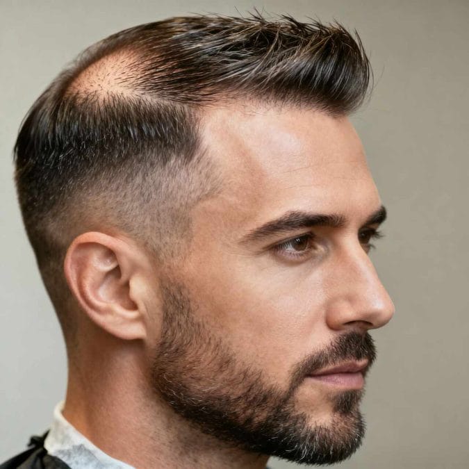 Man with an Ivy League haircut, short tapered sides, and longer hair swept across a thinning crown.