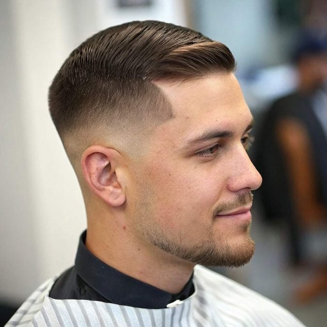 Man with an Ivy League crew cut featuring a longer top and tapered sides.