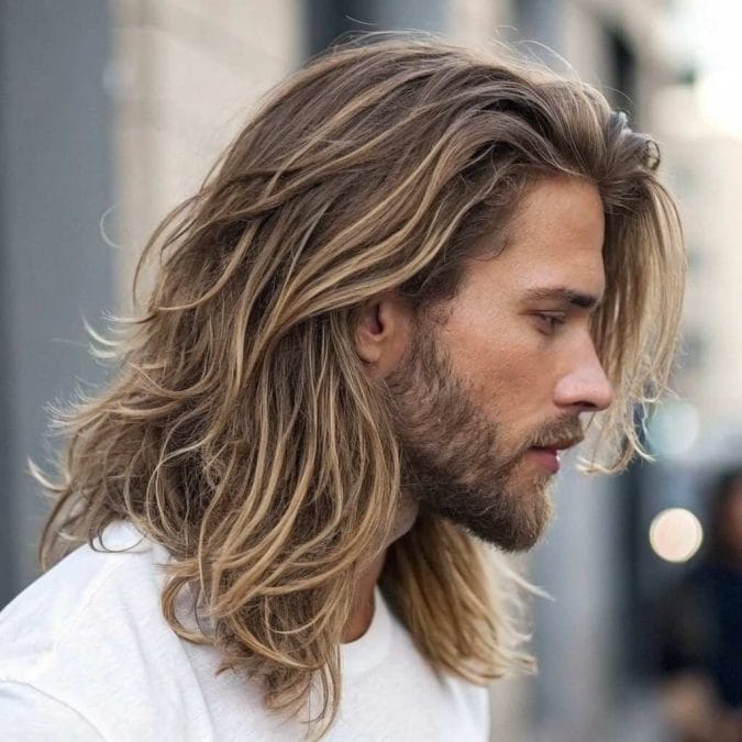 Long layered wavy hair with flowing texture and natural volume.