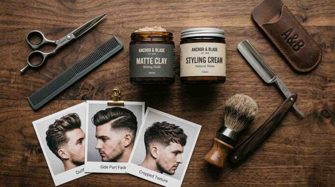 Men’s grooming tools with barber scissors, comb, styling cream, and hair product on a wooden surface.