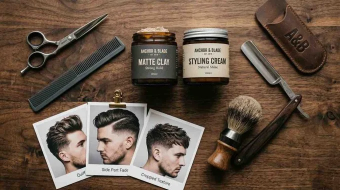 Men’s grooming tools with barber scissors, comb, styling cream, and hair product on a wooden surface.