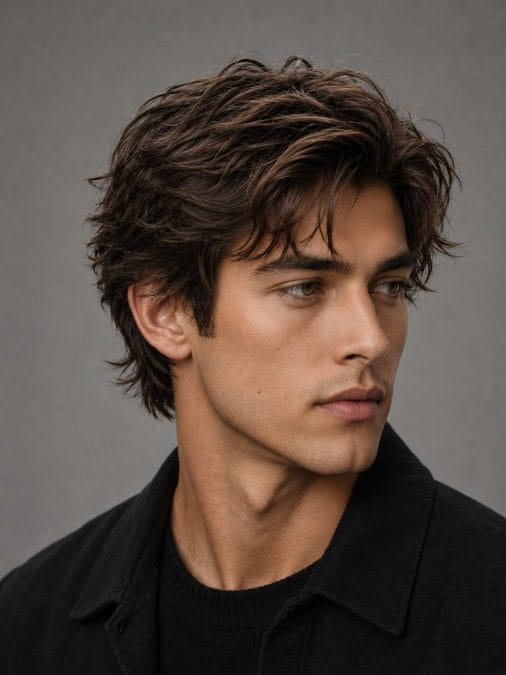 Man with a medium-length hairstyle featuring natural flow, soft layers, and effortless movement around the face.