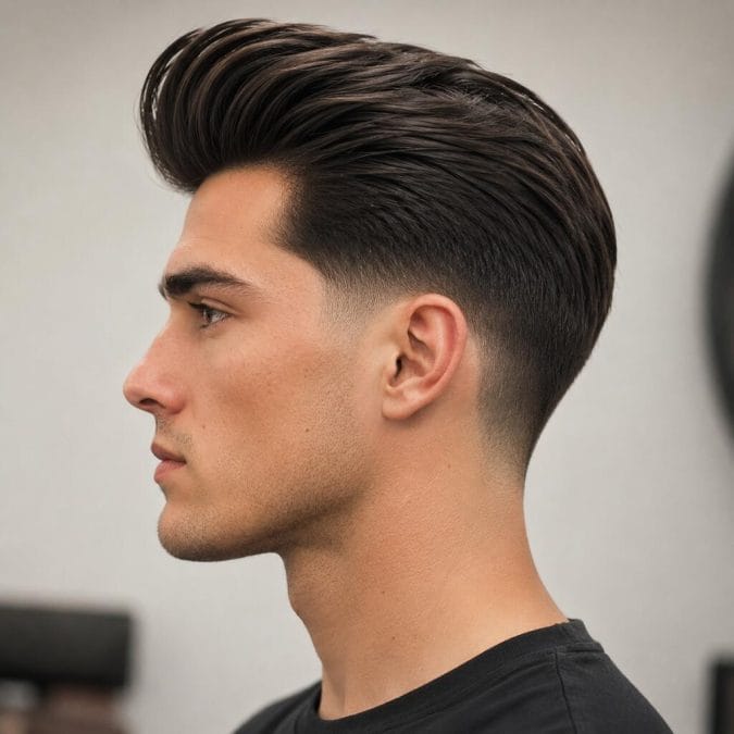 Pompadour hairstyle for straight hair with elevated volume at the front and tapered sides.