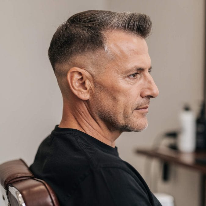 Mature man with a regulation cut, short side part, tapered sides, and neatly styled top.