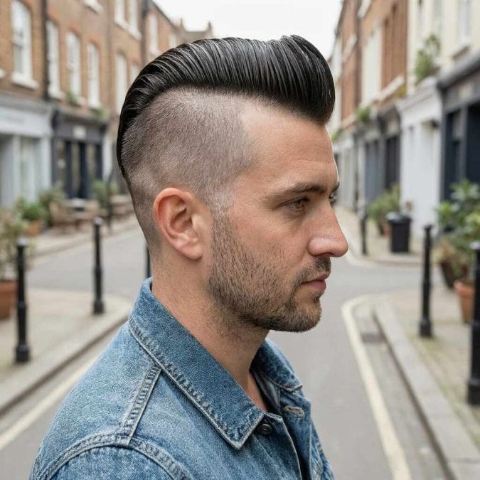 Man with a short pompadour, high fade, and lifted front styled with a smooth finish.