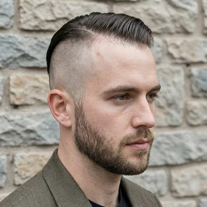 Man with a short side part, tapered sides, and smooth hair directed across the front.