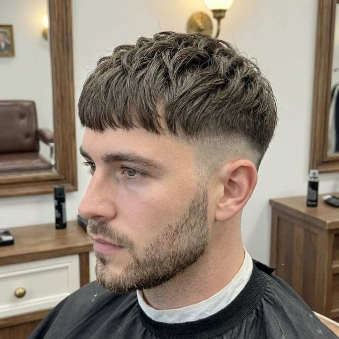 Man with a short textured fringe, faded sides, and uneven forward-styled strands.