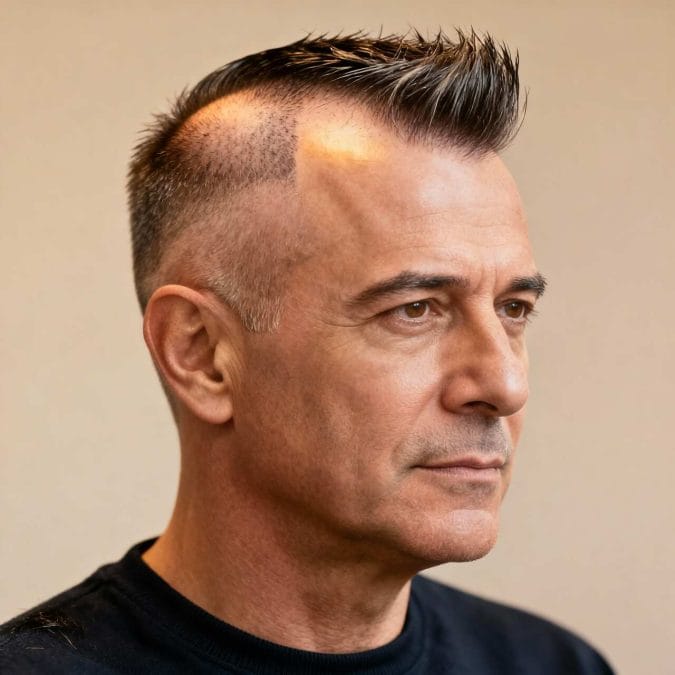 Mature man with a short quiff, faded sides, and lifted front styled upward.