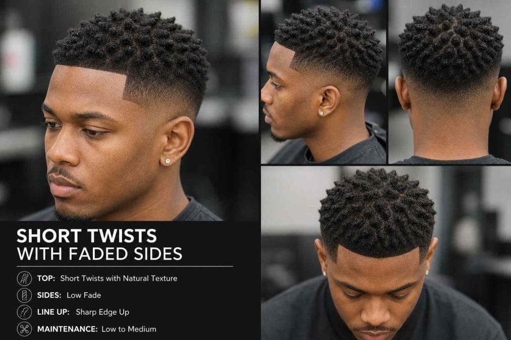 Short twists with faded sides and a defined line up, showcasing textured Haircut Ideas for Black Men.