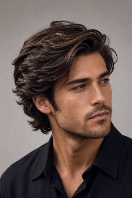 Side-swept medium hairstyle for men with layered texture and soft movement across the top.