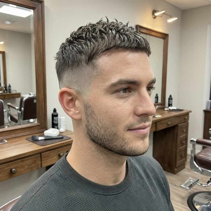 Man with a textured crew cut, short faded sides, and lifted strands across the top.