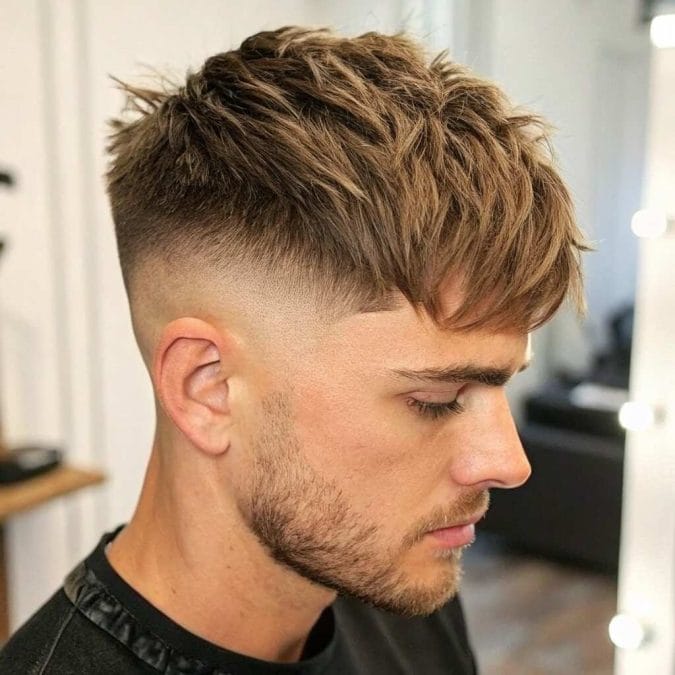 Man with a short textured crop, tapered sides, and uneven strands adding fullness across the top.