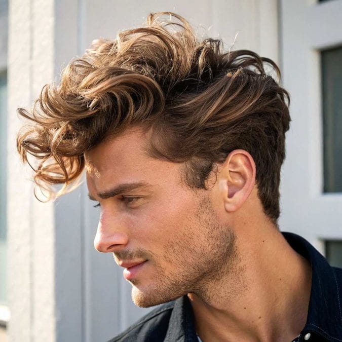 Wavy quiff with lifted volume and textured movement.