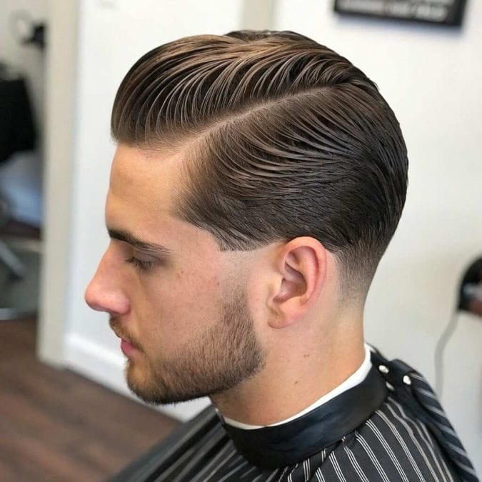 Wavy slick back with brushed-back texture and natural shine.