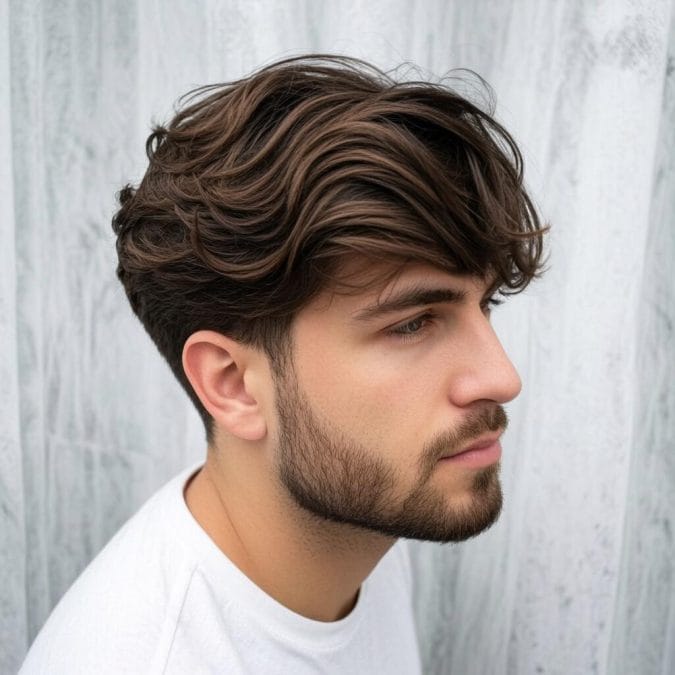 Wavy wolf cut with shaggy layers and natural volume.