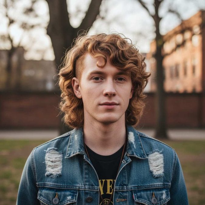 Modern wavy mullet with short sides and longer textured back.