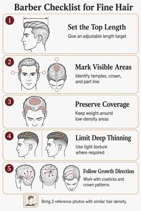 Five barber instructions covering top length, visible areas, coverage, texture, and natural growth direction.
