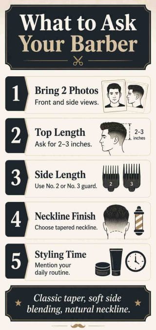 Barber instruction infographic for men over 40.