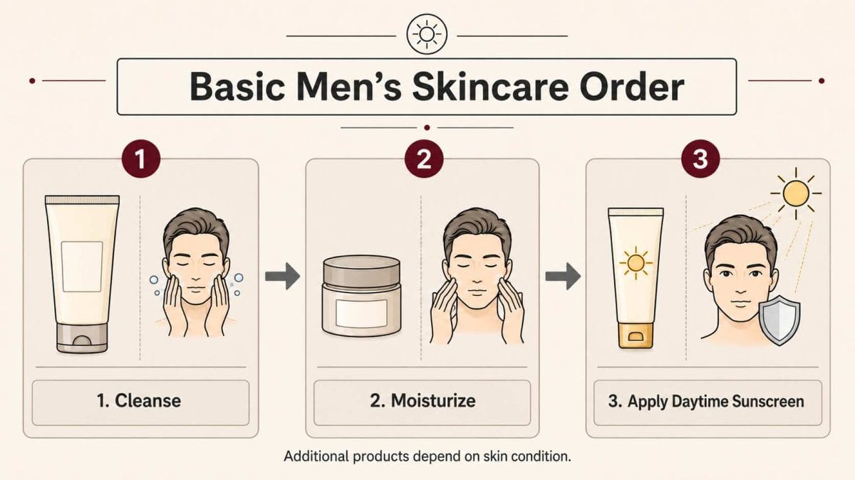 Three-step daytime skincare sequence using cleanser, moisturizer, and sunscreen.