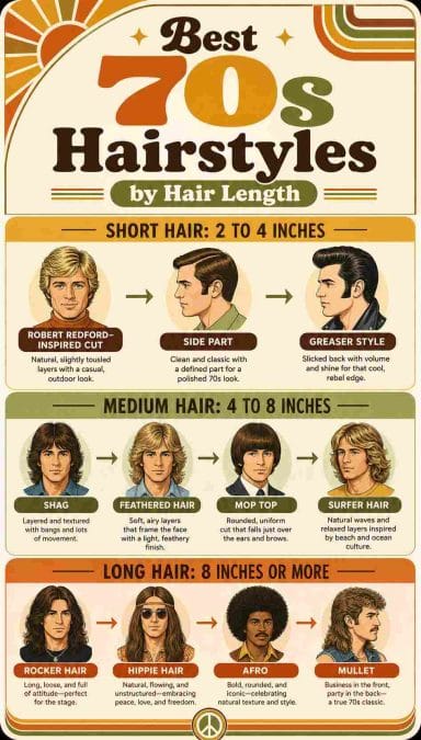 Illustrated guide organizing men’s 70s hairstyles into short, medium, and long hair categories.