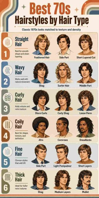 Illustrated chart matching 70s hairstyles with straight, wavy, curly, coily, fine, and thick hair.